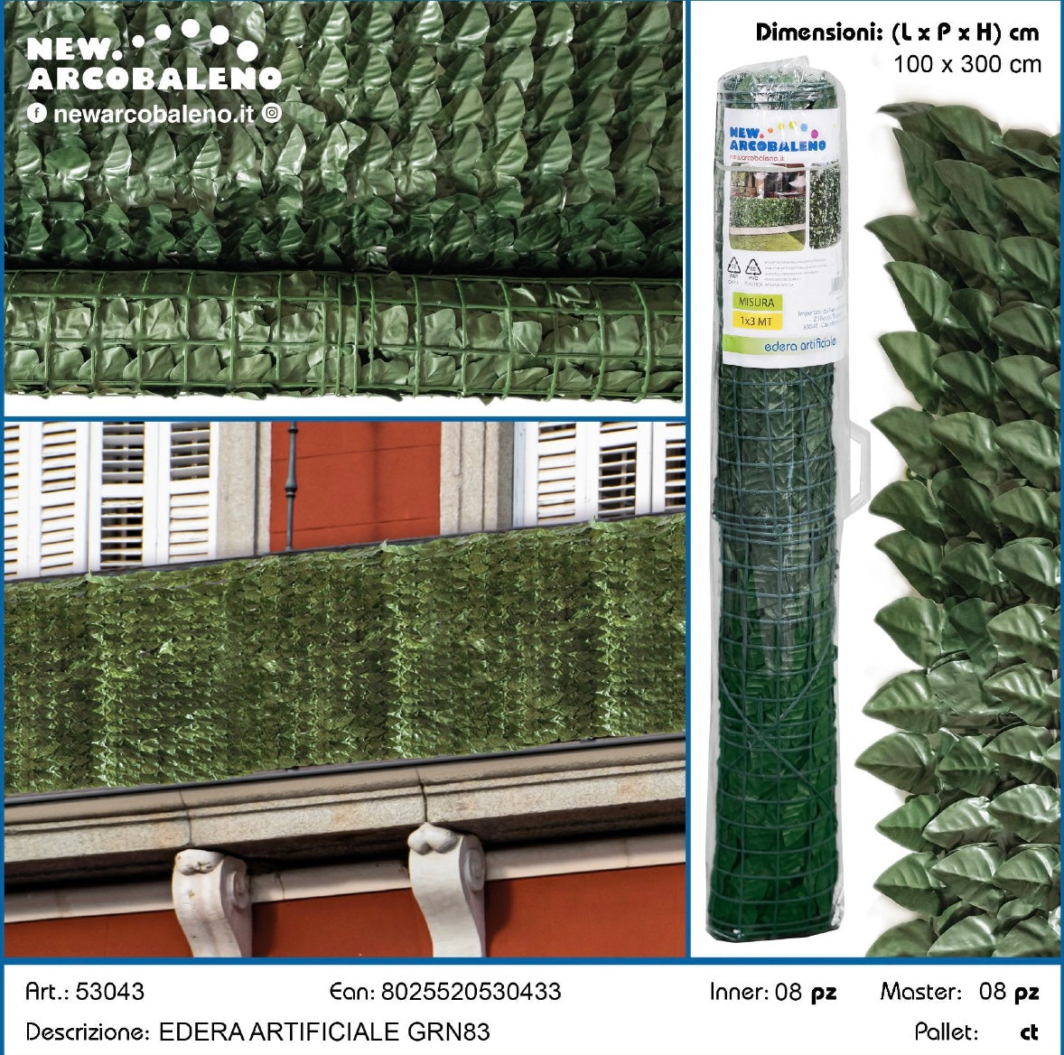 Edera Sintetica, Siepe Finta Sempreverde Artificiale, Rotolo 1mx3m, Anticaduta, Resistente Ai Raggi UV e alle Alte Temperature, Montaggio Facile con Fascette