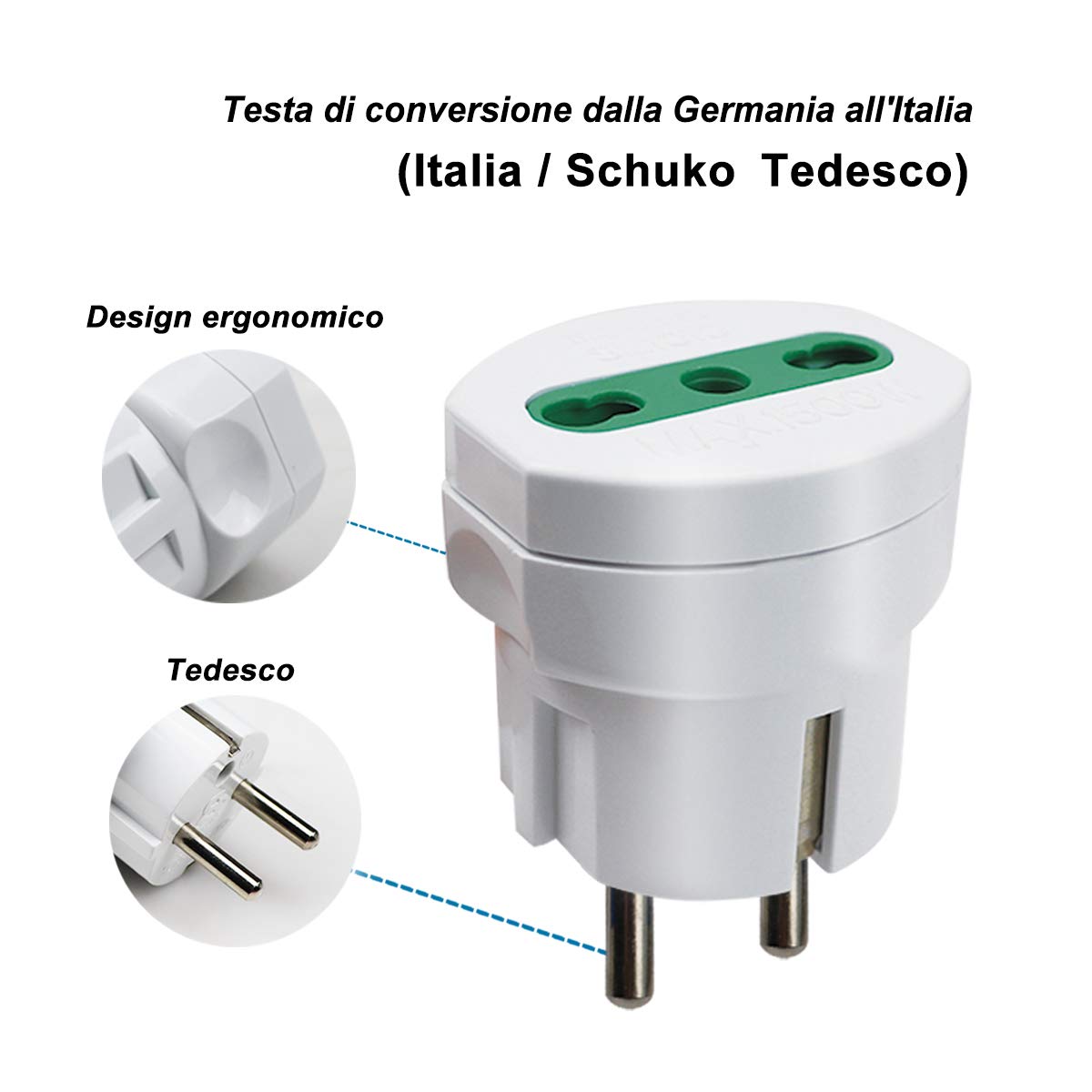 EXTRASTAR Adattatori presa italiana (10/16A) spina schuko per i viaggi in Germania, Spagna, Portogallo, Austria, Grecia, Turchia