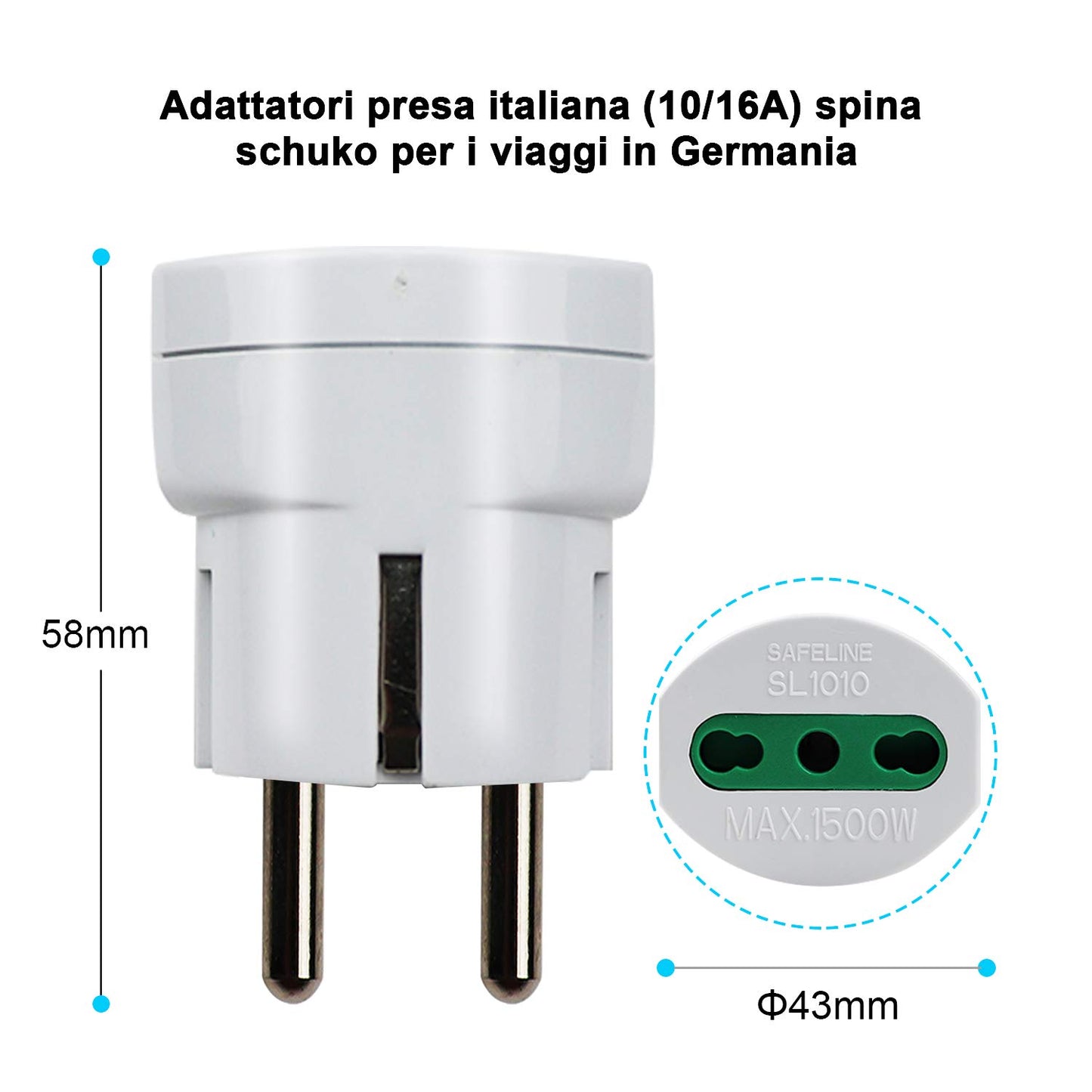 EXTRASTAR Adattatori presa italiana (10/16A) spina schuko per i viaggi in Germania, Spagna, Portogallo, Austria, Grecia, Turchia