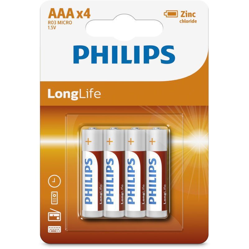 Philips R03L4B/10 - 4 pz Batteria al cloruro di zinco AAA LONGLIFE 1,5V 450mAh