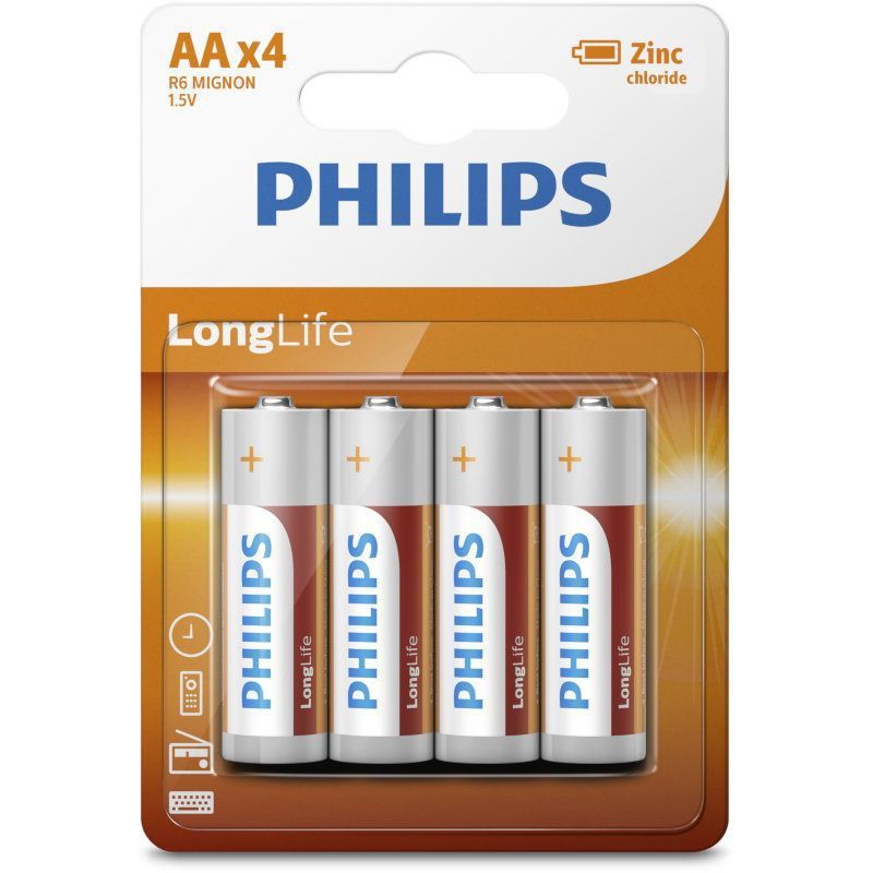 Philips R06L4B/10 - 4 pz Batteria al cloruro di zinco AA LONGLIFE 1,5V 450mAh