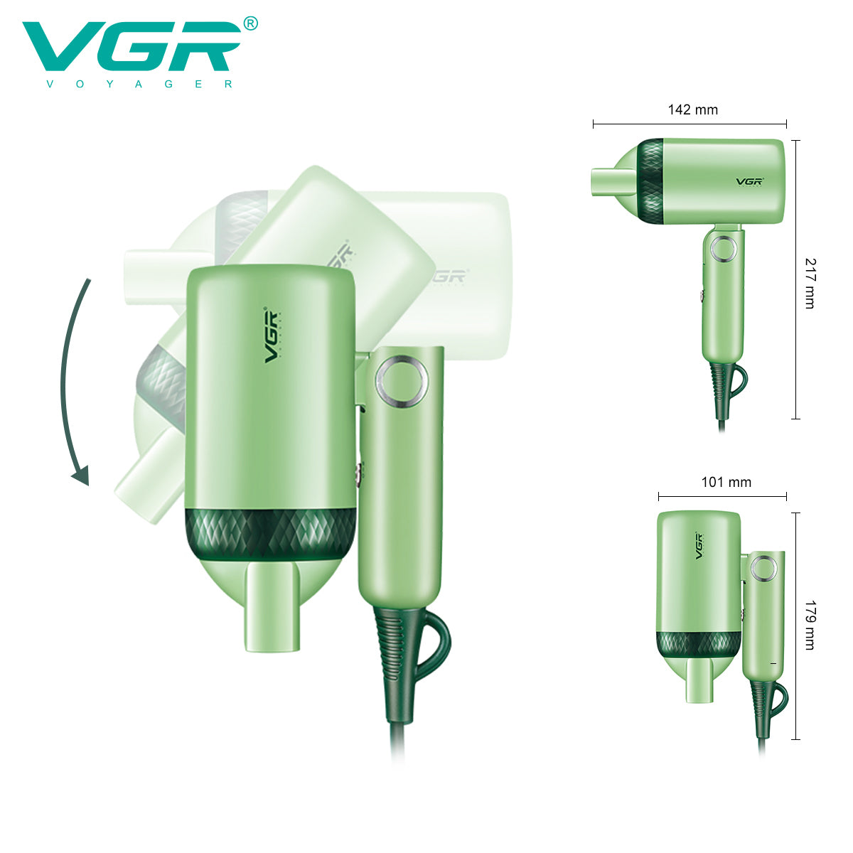 VGR V-421 – Asciugacapelli Pieghevole da Viaggio 1200W Il VGR V-421 è un asciugacapelli compatto e pieghevole, ideale per i viaggi. Dotato di un motore DC da 1200W
