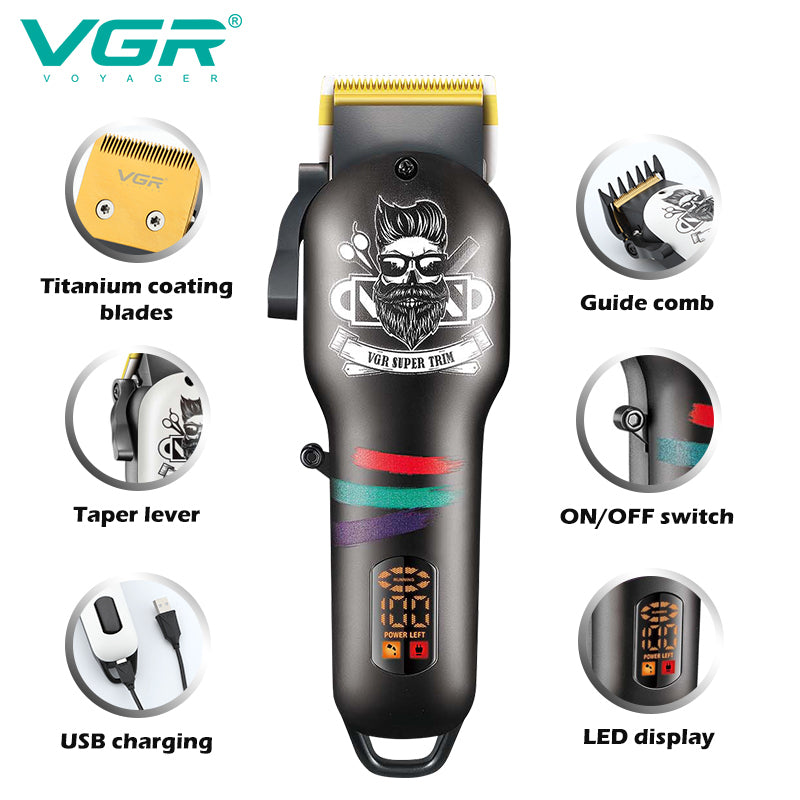 VGR V-699 – Dispositivo multifunzione con 5 testine intercambiabili per barba, capelli e peli del corpo. Include lame in acciaio inox, una autonomia di 120 minuti, e ricarica USB rapida per la massima praticità.