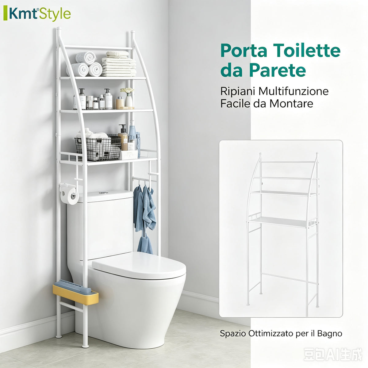 Scaffale portaoggetti in metallo a tre livelli da posizionare sopra il WC, organizer versatile per bagno e soggiorno con fibbie di fissaggio