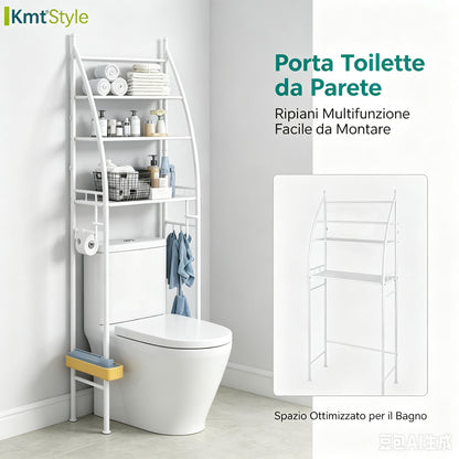 Scaffale portaoggetti in metallo a tre livelli da posizionare sopra il WC, organizer versatile per bagno e soggiorno con fibbie di fissaggio