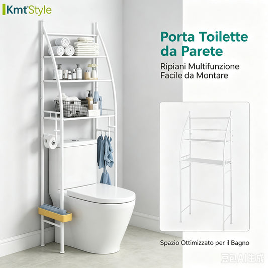 Scaffale portaoggetti in metallo a tre livelli da posizionare sopra il WC, organizer versatile per bagno e soggiorno con fibbie di fissaggio