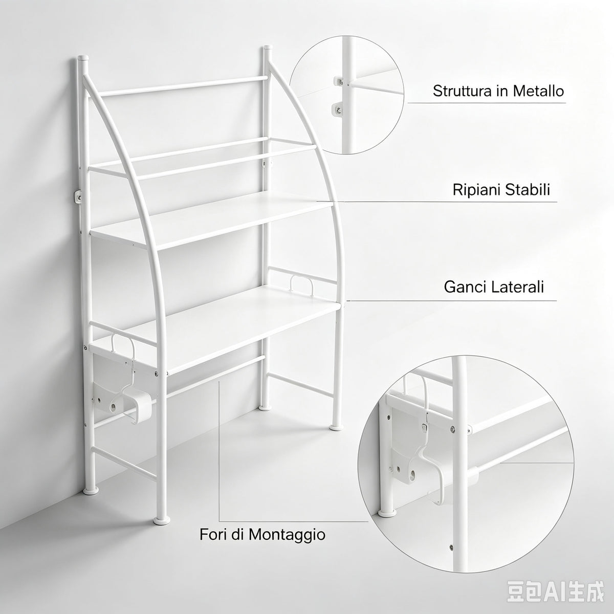Scaffale portaoggetti in metallo a tre livelli da posizionare sopra il WC, organizer versatile per bagno e soggiorno con fibbie di fissaggio