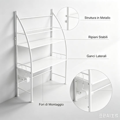 Scaffale portaoggetti in metallo a tre livelli da posizionare sopra il WC, organizer versatile per bagno e soggiorno con fibbie di fissaggio
