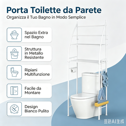 Scaffale portaoggetti in metallo a tre livelli da posizionare sopra il WC, organizer versatile per bagno e soggiorno con fibbie di fissaggio