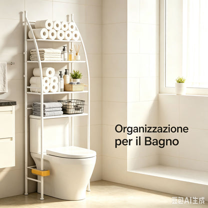 Scaffale portaoggetti in metallo a tre livelli da posizionare sopra il WC, organizer versatile per bagno e soggiorno con fibbie di fissaggio