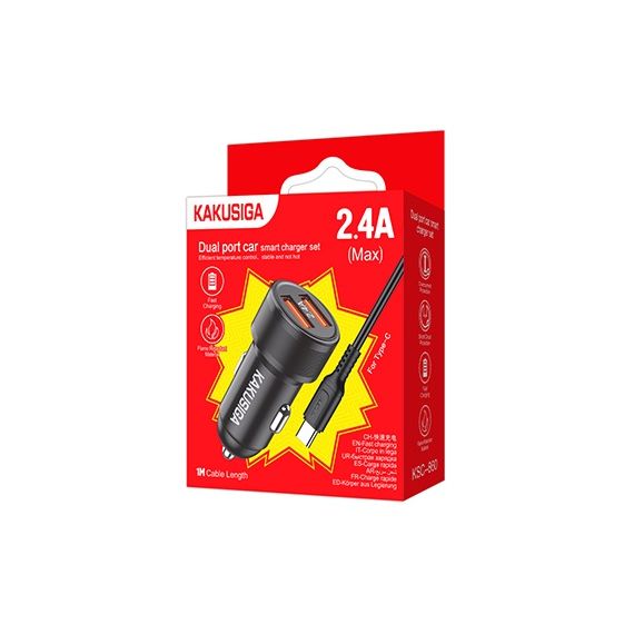 Caricabatterie da auto ricarica rapida 2xUSB 5V 2.4A con cavo type C KSC-860