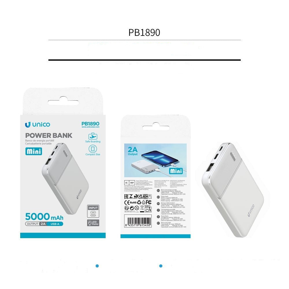 UNICO POWERBANK MINI 5000 mAh 2A 2 PORTE USB QUALITA ALTA