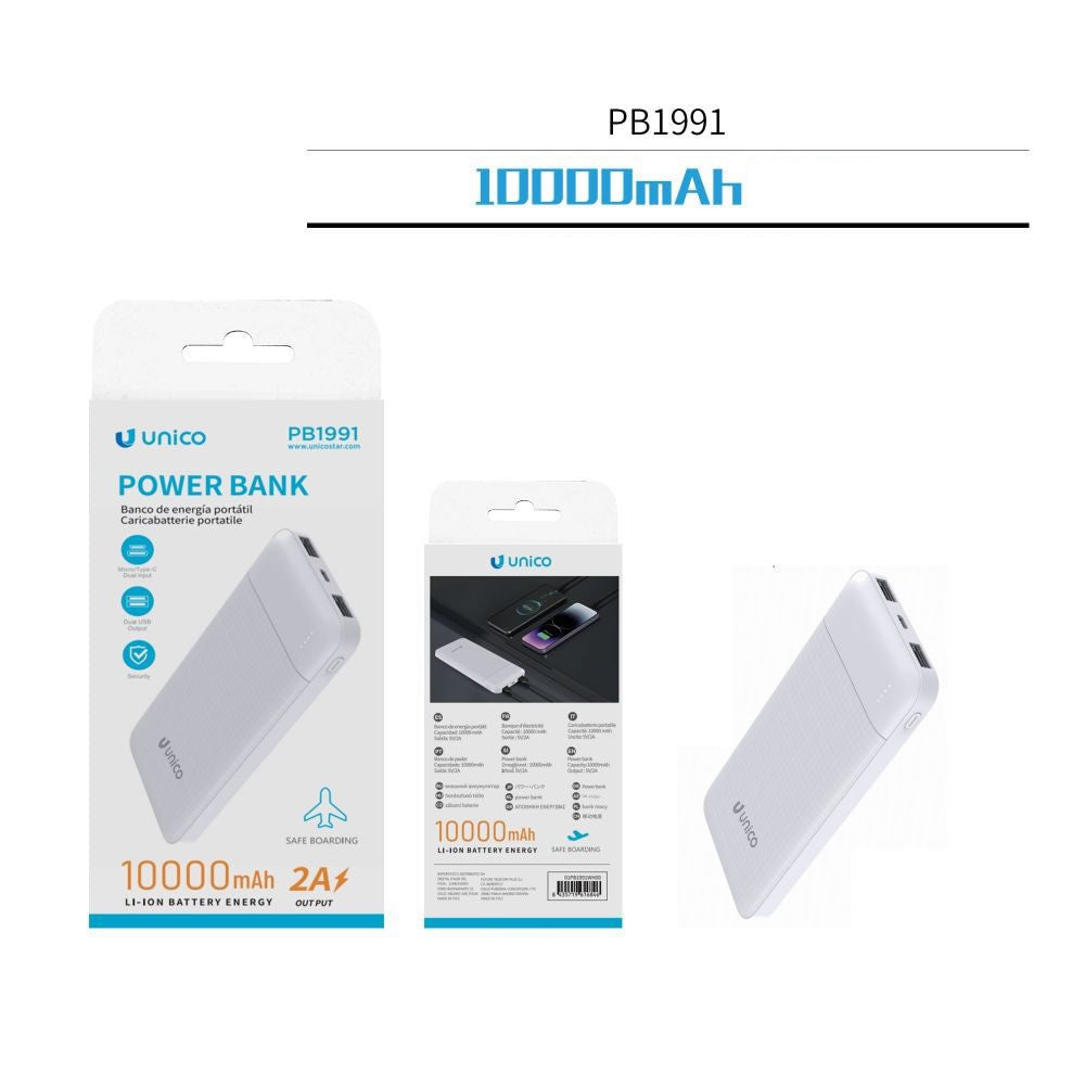 UNICO POWERBANK 10000 mAh 2A 2 PORTE USB 5V 2A ALTA QUALITA PB1991