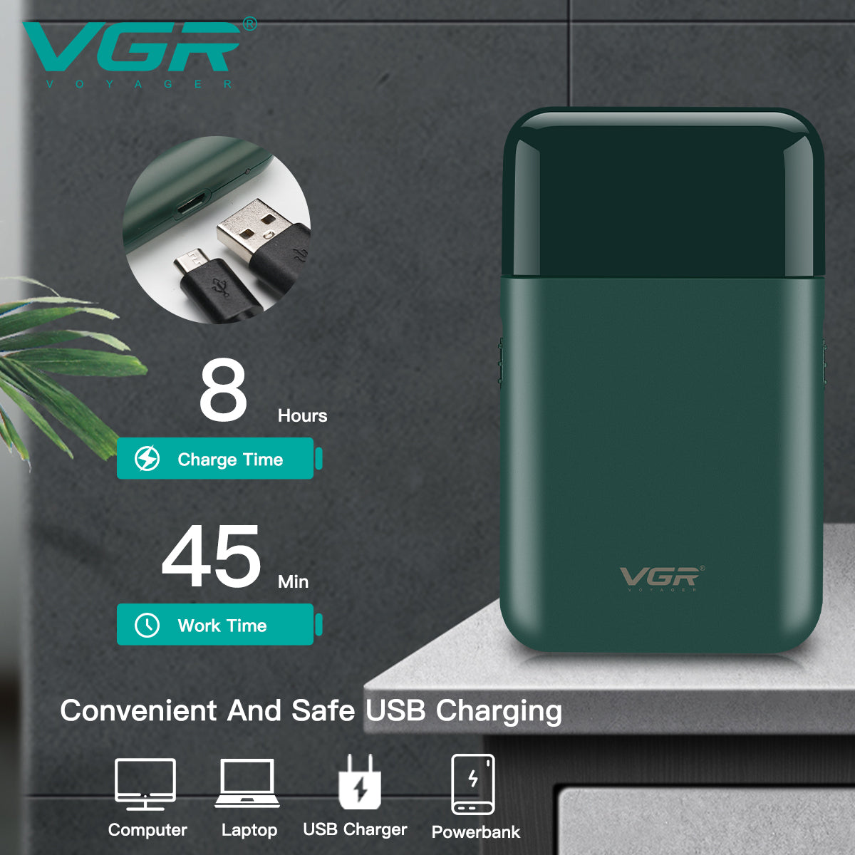 Power Supply: USB Working Time: 45 Minutes Charging Time: 8 Hours Battery: 600 mAh NI-MH battery Cord and Cordless: No Blade Material: Stainless Steel Product Material: Plastic(ABS)