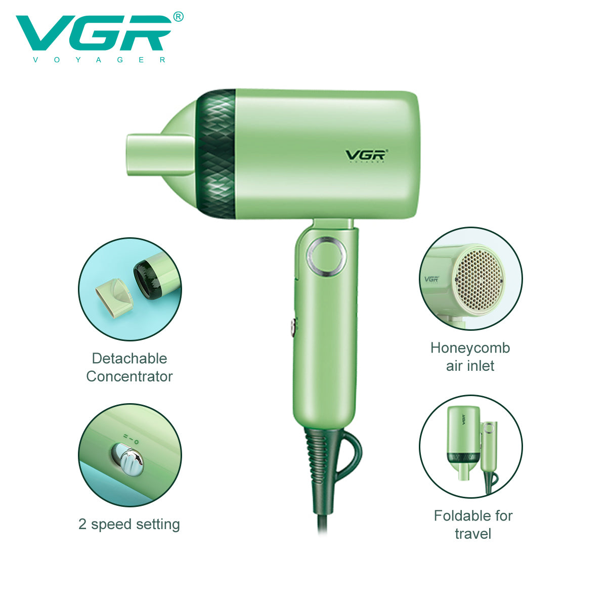 VGR V-421 – Asciugacapelli Pieghevole da Viaggio 1200W  Il VGR V-421 è un asciugacapelli compatto e pieghevole, ideale per i viaggi. Dotato di un motore DC da 1200W
