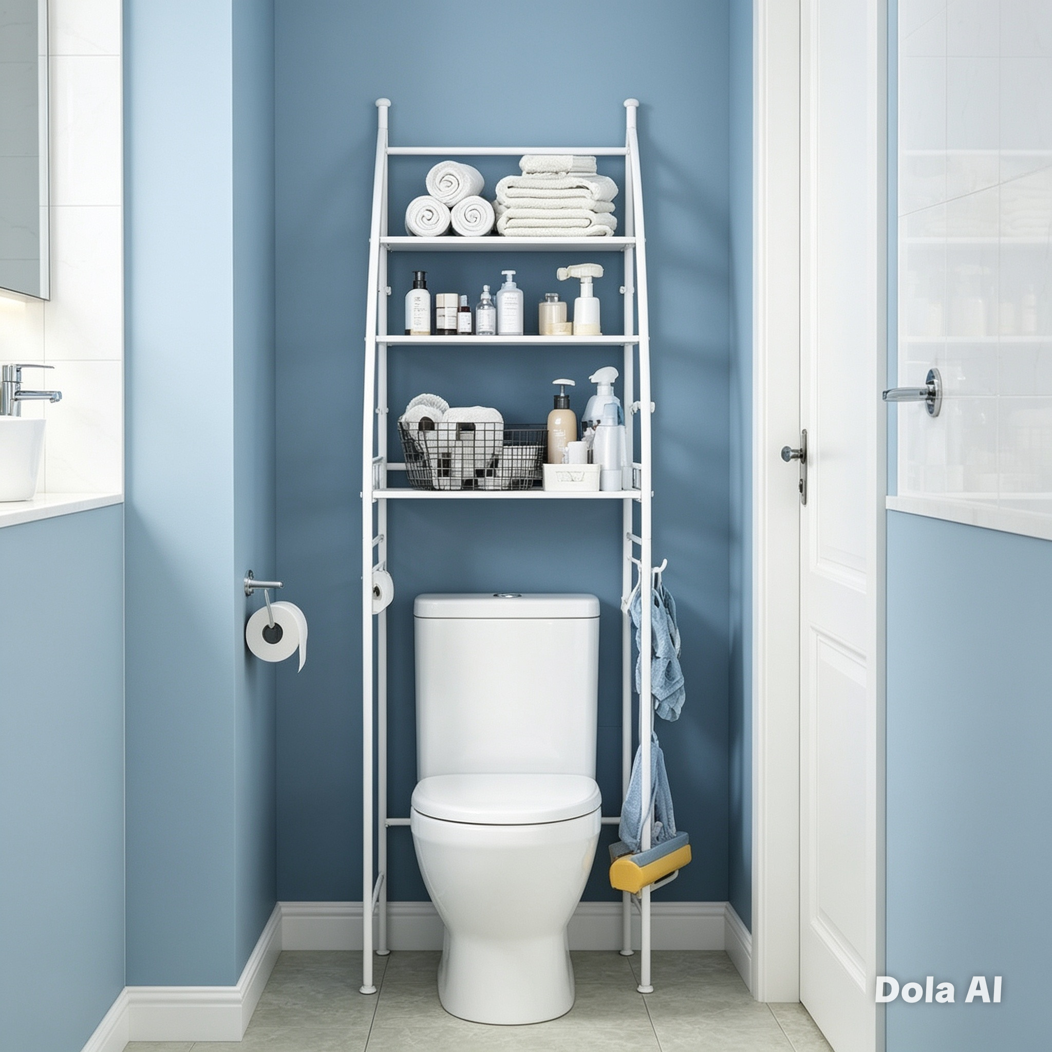 Scaffale portaoggetti in metallo a tre livelli da posizionare sopra il WC, organizer versatile per bagno e soggiorno con fibbie di fissaggio