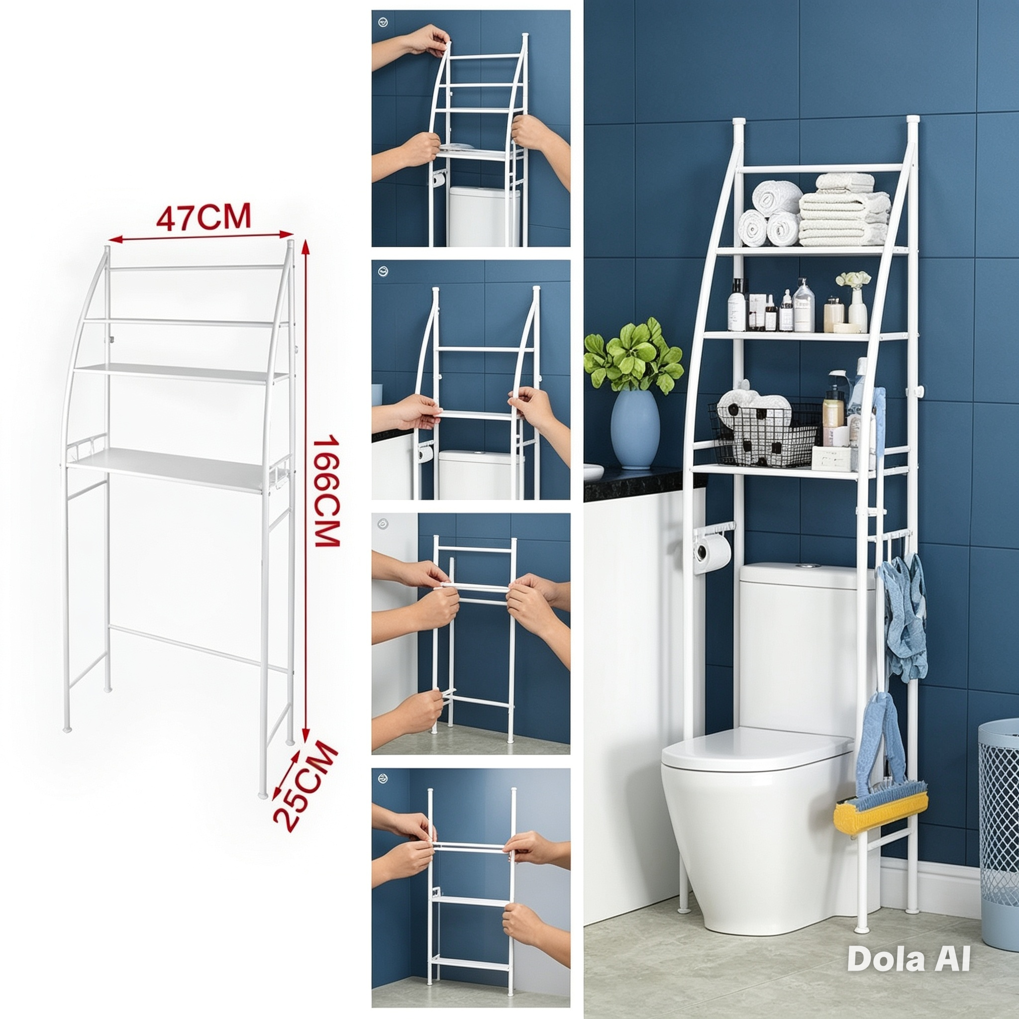 Scaffale portaoggetti in metallo a tre livelli da posizionare sopra il WC, organizer versatile per bagno e soggiorno con fibbie di fissaggio