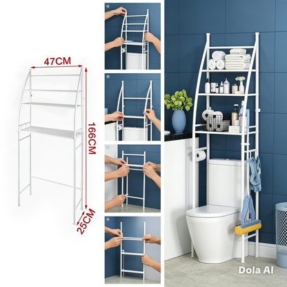Scaffale portaoggetti in metallo a tre livelli da posizionare sopra il WC, organizer versatile per bagno e soggiorno con fibbie di fissaggio