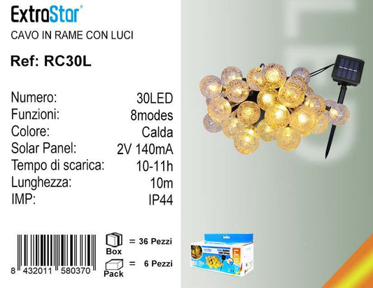 CAVO CON LAMPADINE SOLARE 10M 30LED 3000K